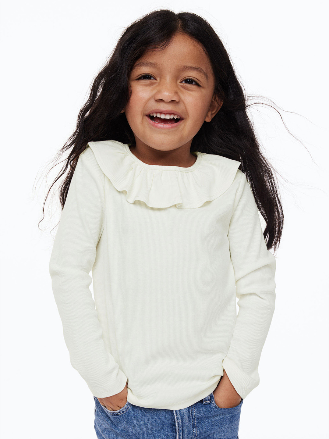 

H&M Girls Long-Sleeved Ribbed Top, White