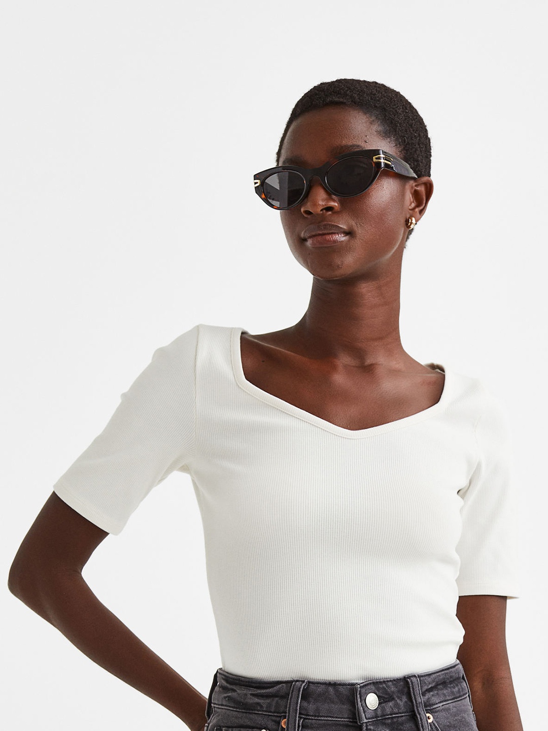 

H&M Woman Ribbed jersey top, White