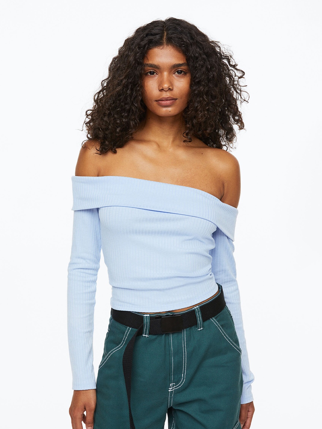 

H&M Woman Off-the-shoulder ribbed top, Blue