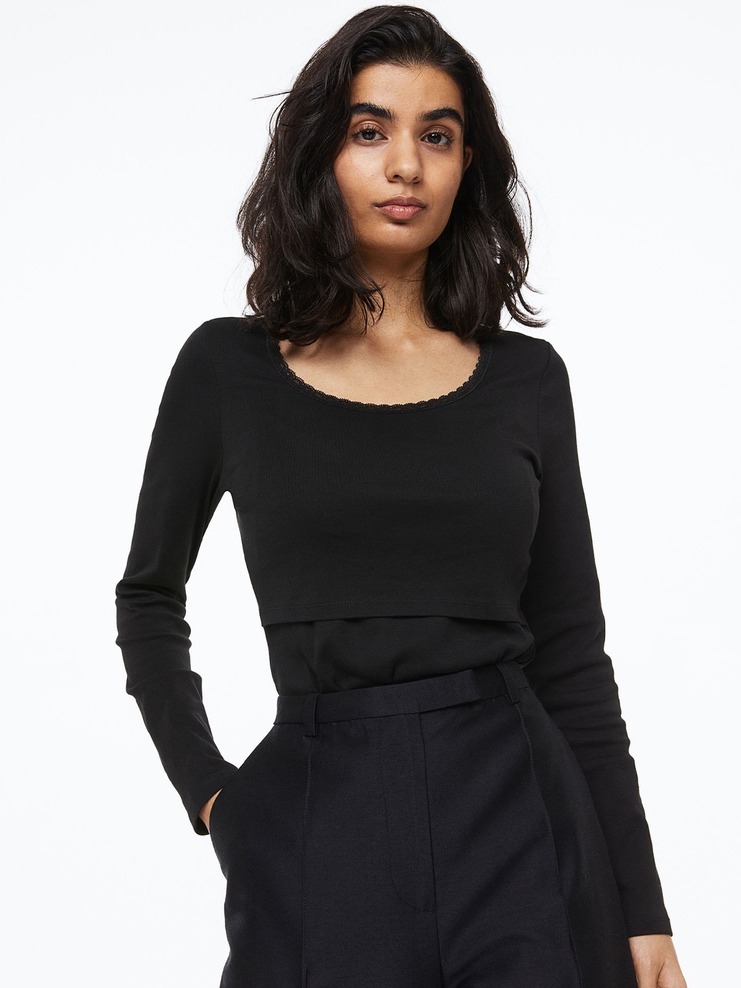 

H&M MAMA Lace-Trimmed Nursing Top, Black