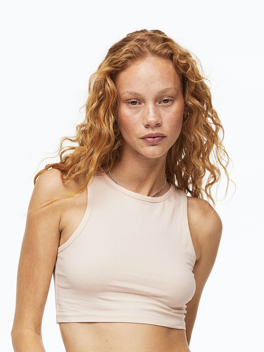 

H&M Cropped Cotton Vest Top, Beige