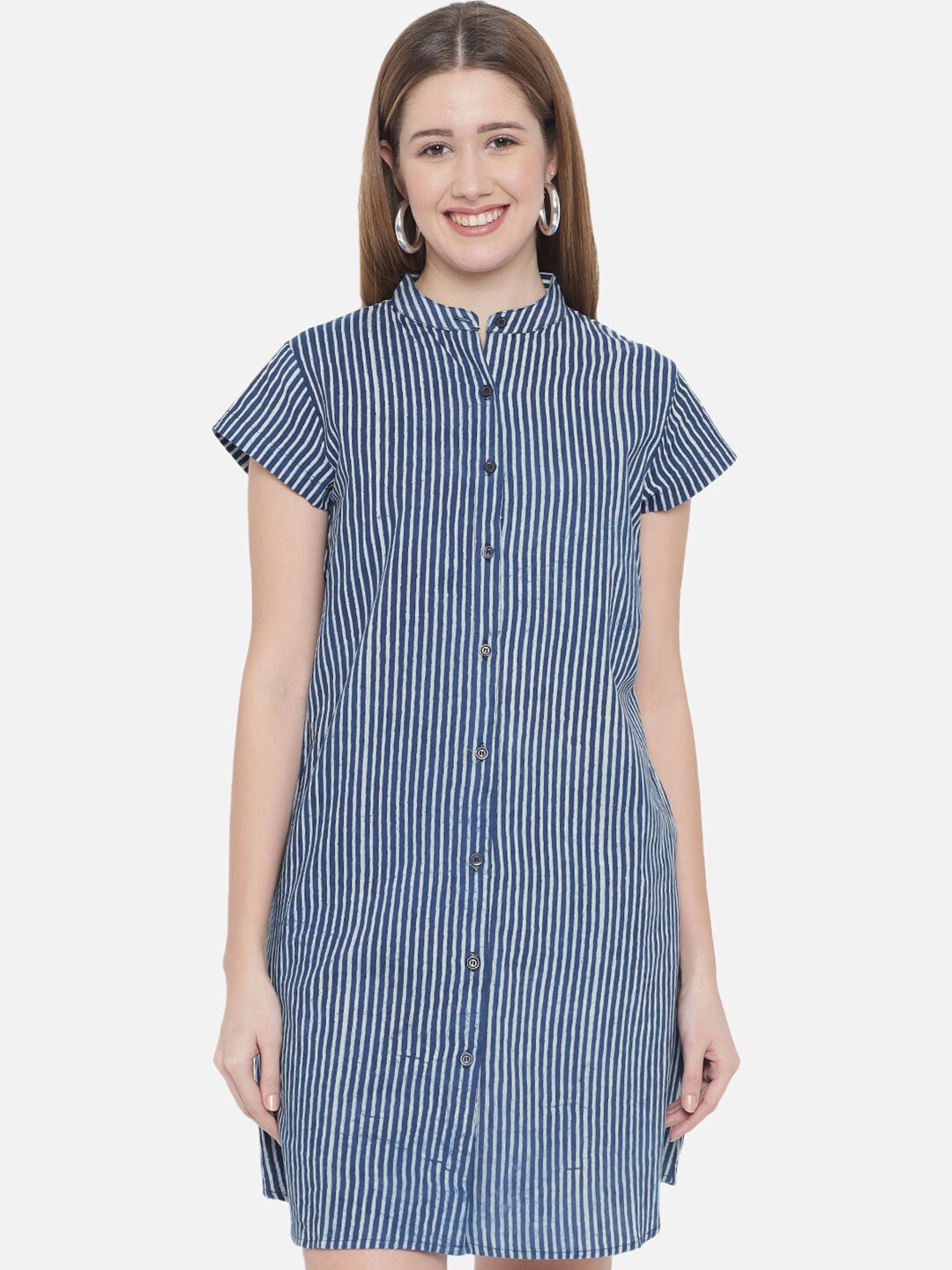 

Indietoga Striped Mandarin collar Shirt Dress, Navy blue