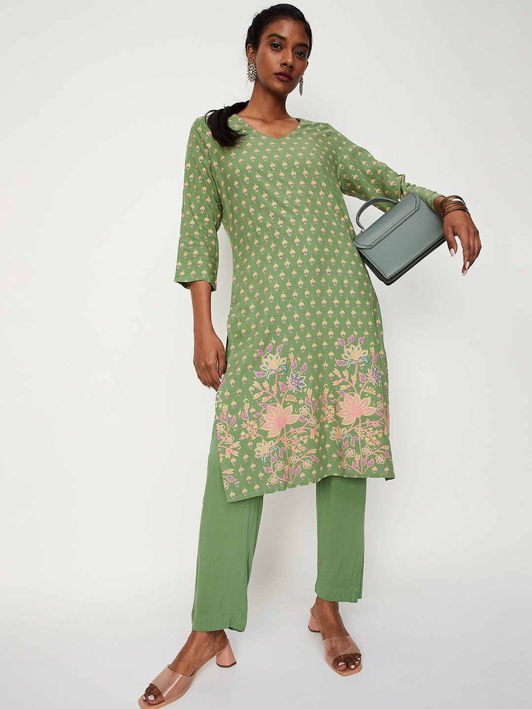 

max Women Olive Green Floral Printed Kurta with Trousers