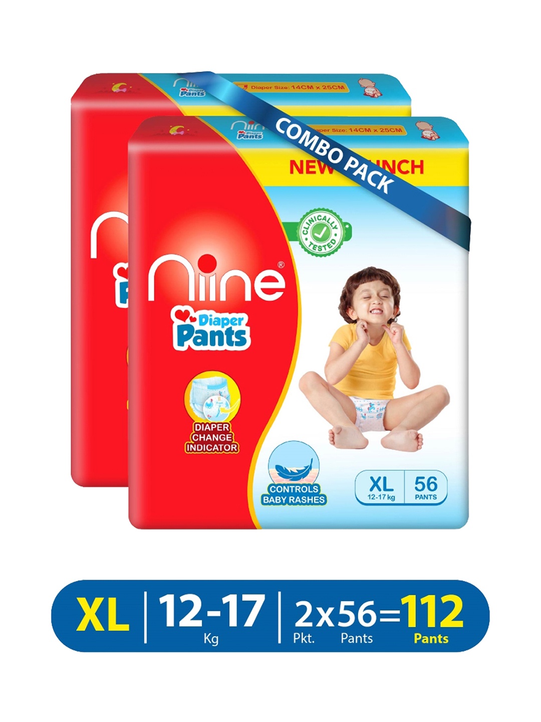 

Niine Pack of 2 Baby Diaper Pants Extra Large(XL) Size (12-17 KG)112 Pants, Red