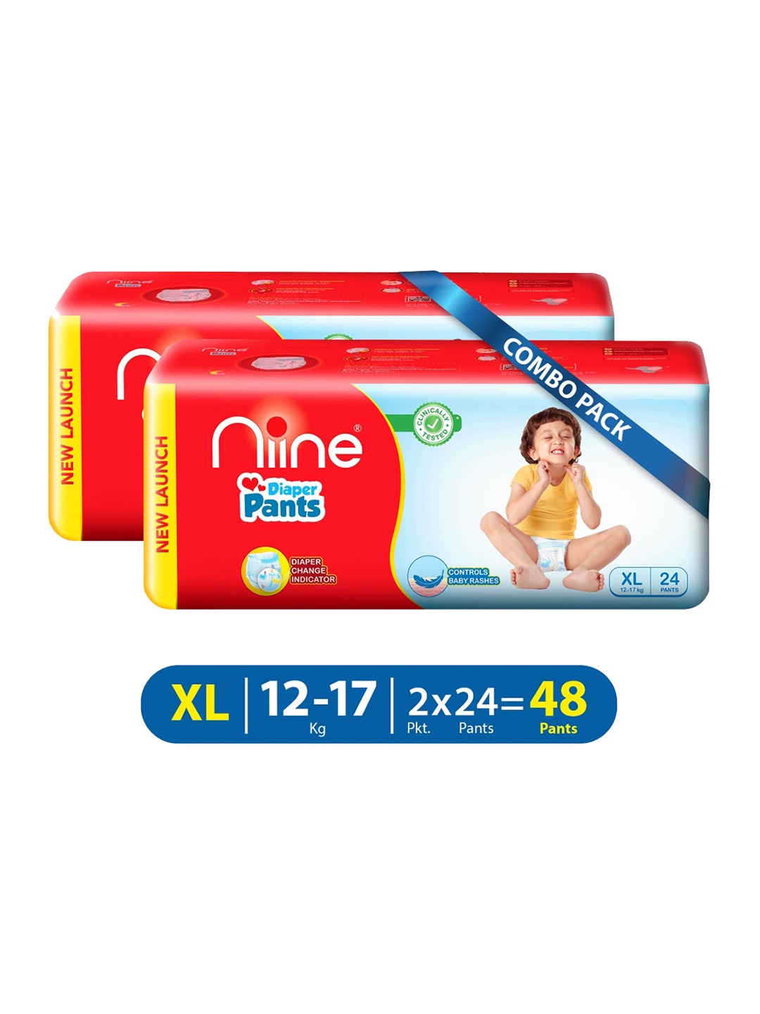 

Niine Pack of 2 Baby Diaper Pants Extra Large(XL) Size (12-17 KG) 48 Pants, Red