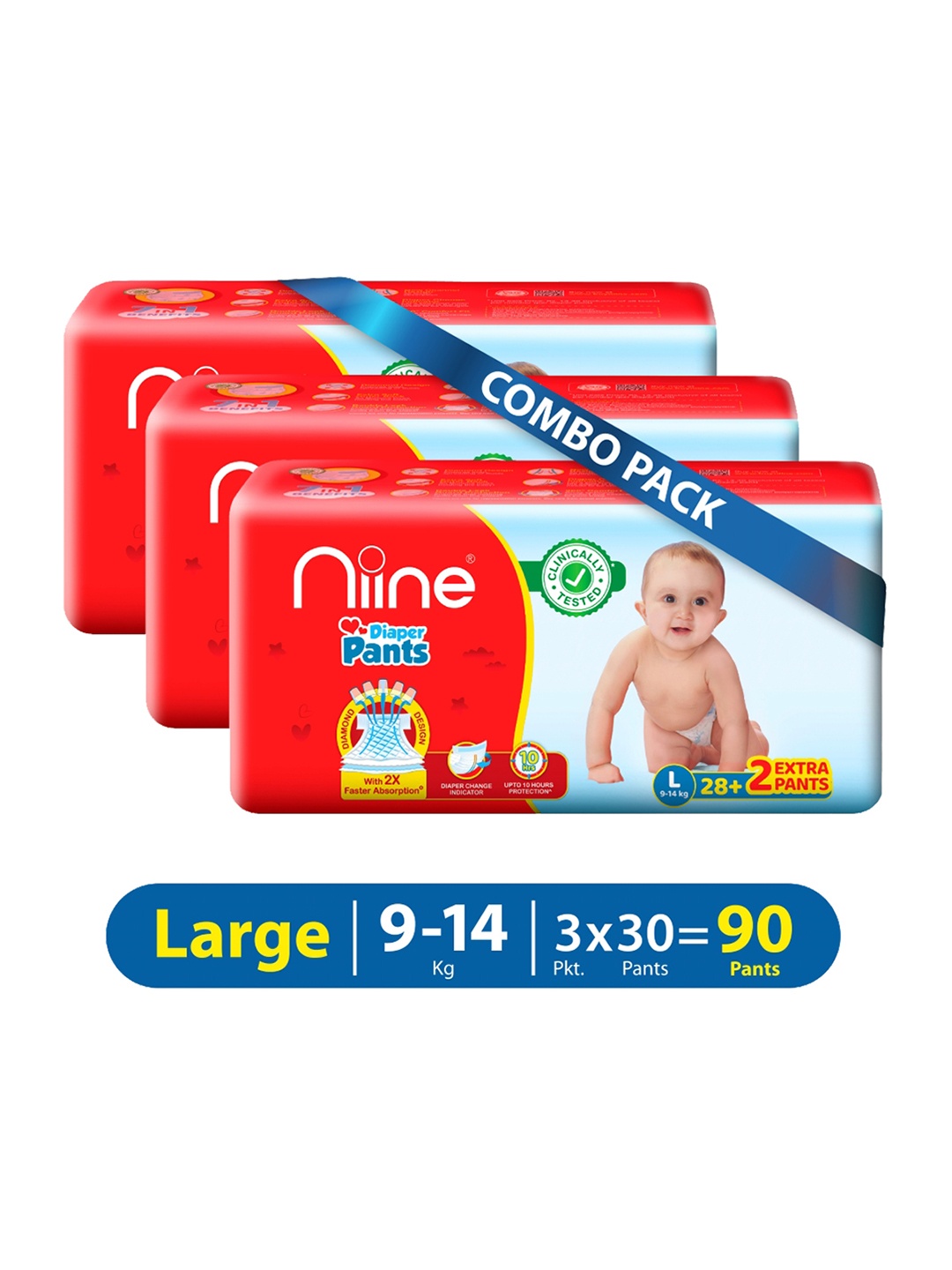 

Niine Pack of 3 Baby Diaper Pants Large(L) Size (9-14 KG) 90 Pants, Red