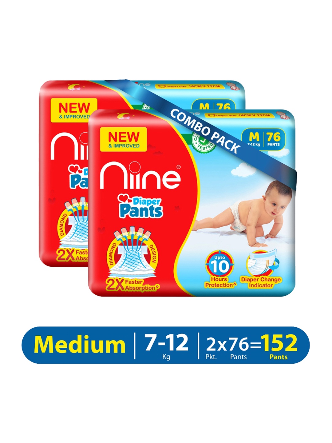 

Niine Pack of 2 Baby Diaper Pants Medium(M) Size (7-12 KG) - 152 Pants, Red