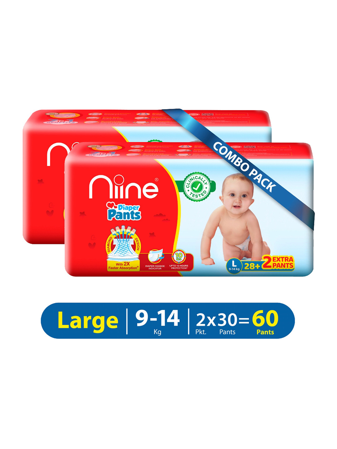 

Niine Pack of 2 Baby Diaper Pants Large(L) Size (9-14 KG) 60 Pants, Red