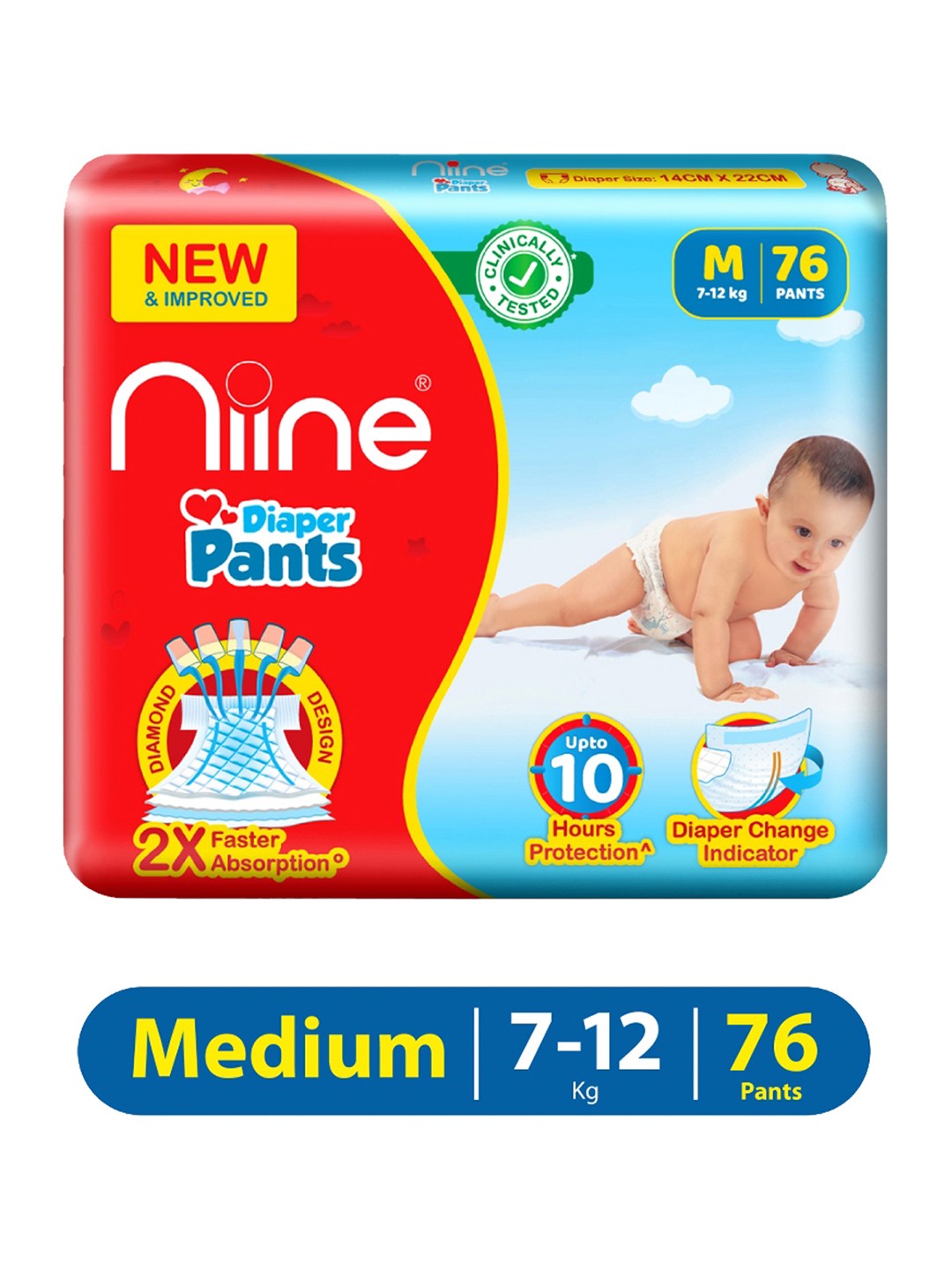 

Niine Baby Diaper Pants Medium(M) Size (7-12 KG) 76 Pants, Red