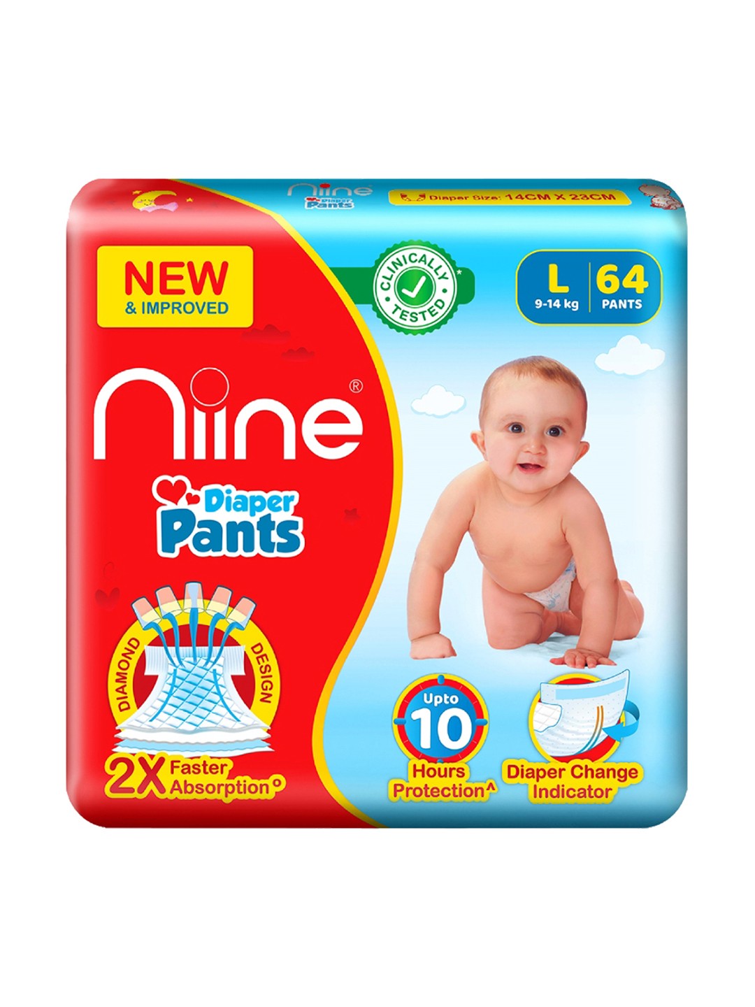 

Niine Pack of 2 Baby Diaper Pants Large(L) Size (9-14 KG) 128 Pants, Red