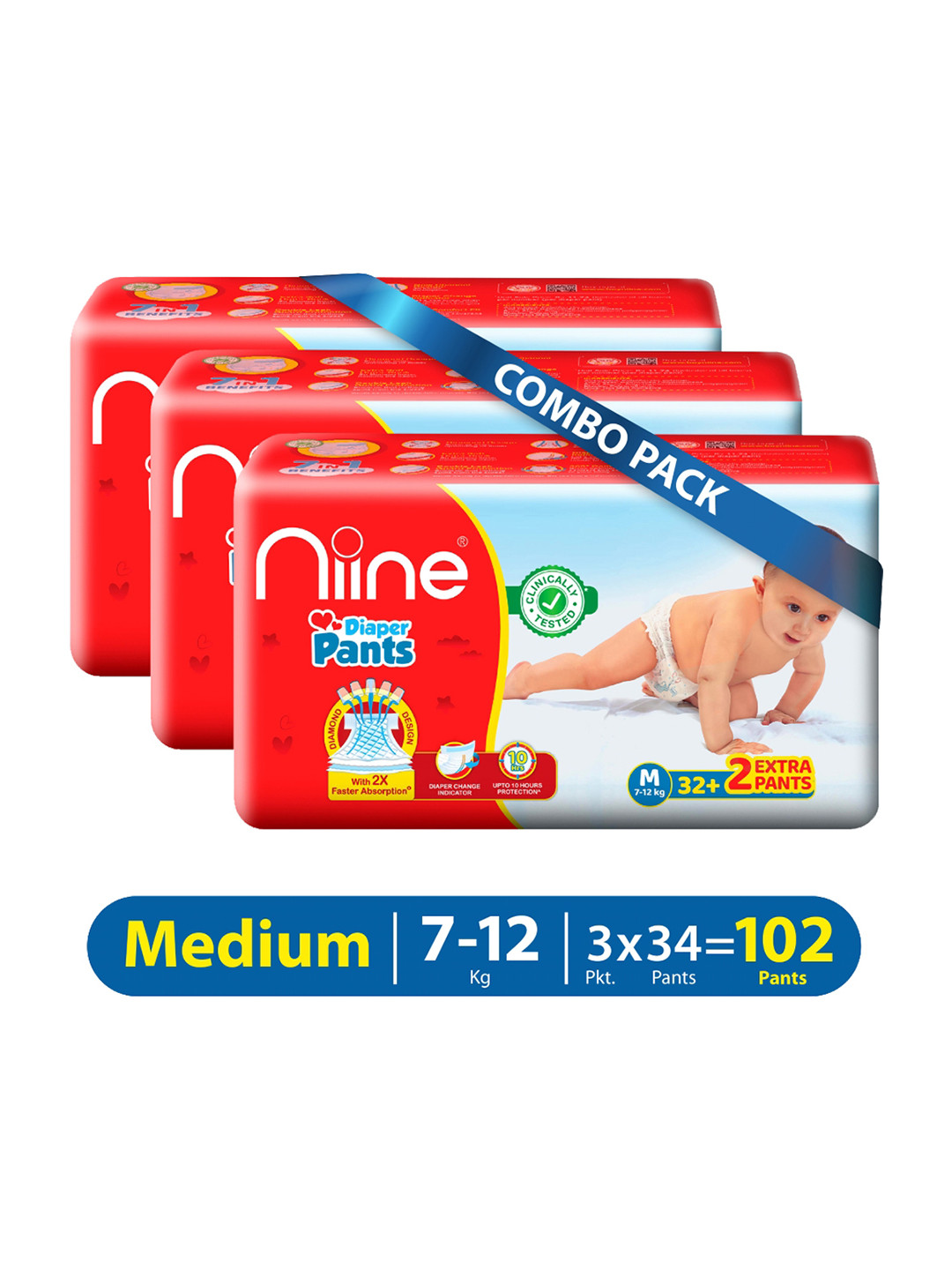 

Niine Pack of 3 Baby Diaper Pants Medium Size 7-12 KG - 102 Pants, Red