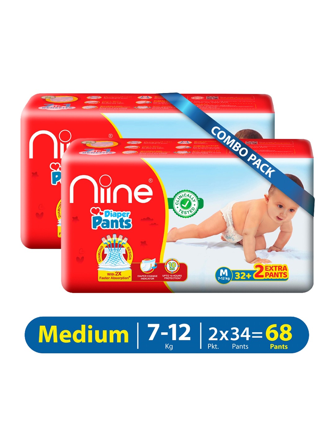 Niine Pack of 2 Baby Diaper Pants Medium(M) Size (7-12 KG) 68 Pants, Red