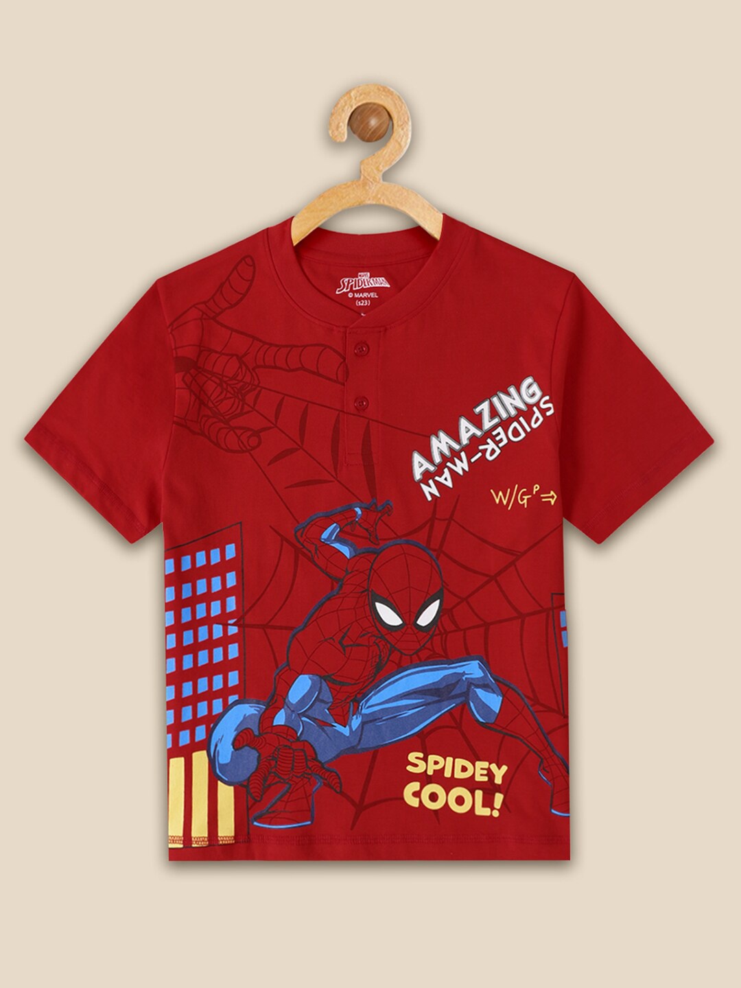 

Kids Ville Boys Spiderman Printed Henley Neck Cotton T-Shirt, Red