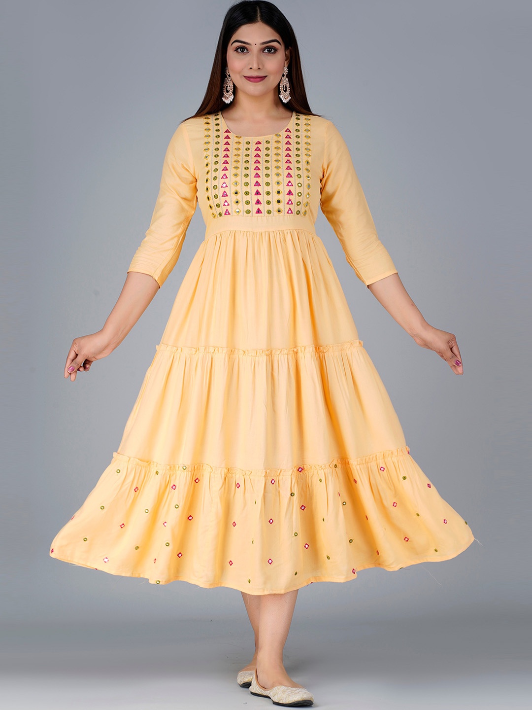 

KALINI Women Ethnic Motifs Yoke Design Mirror Work Anarkali Kurta, Yellow