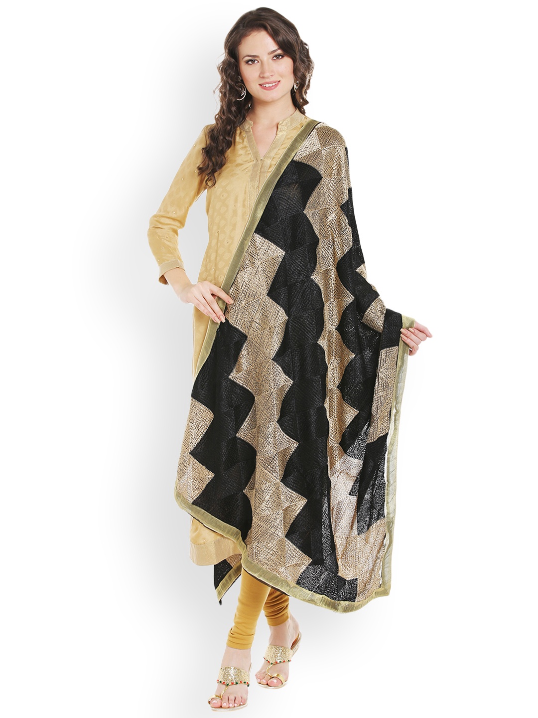 

Dupatta Bazaar Black & Gold-Toned Phulkari Hand-Embroidered Dupatta