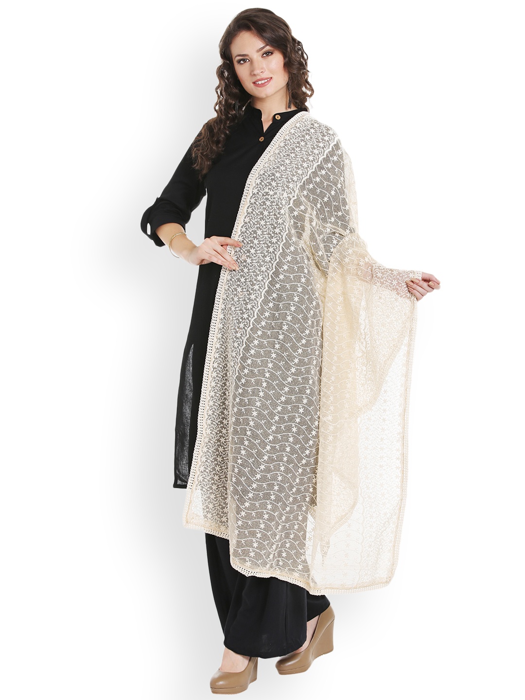 

Dupatta Bazaar Cream-Coloured Chikankari Embroidered Dupatta