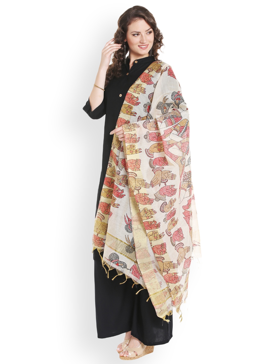 

Dupatta Bazaar Beige & Red Block-Print Cotton Silk Dupatta