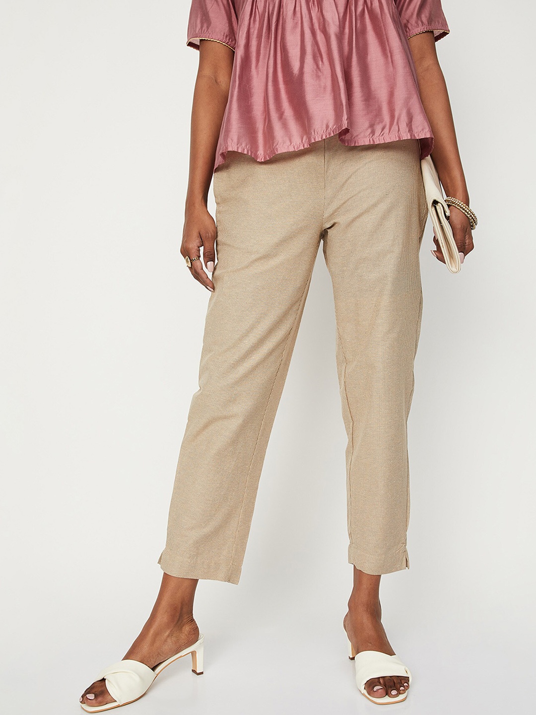

max Women Cotton Mid-Rise Trousers, Beige
