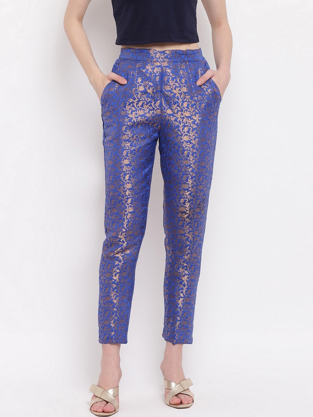 

RIVI Women Ethnic Motifs Printed Cigarette Trousers, Blue