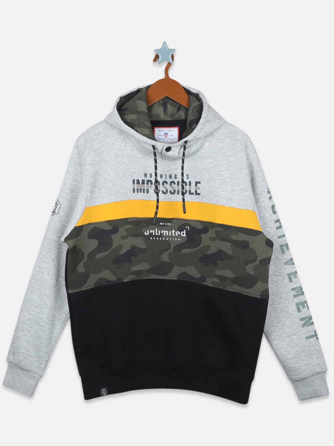 

Monte Carlo Boys Colourblocked hooded Typography Cotton Sweatshirt, Black