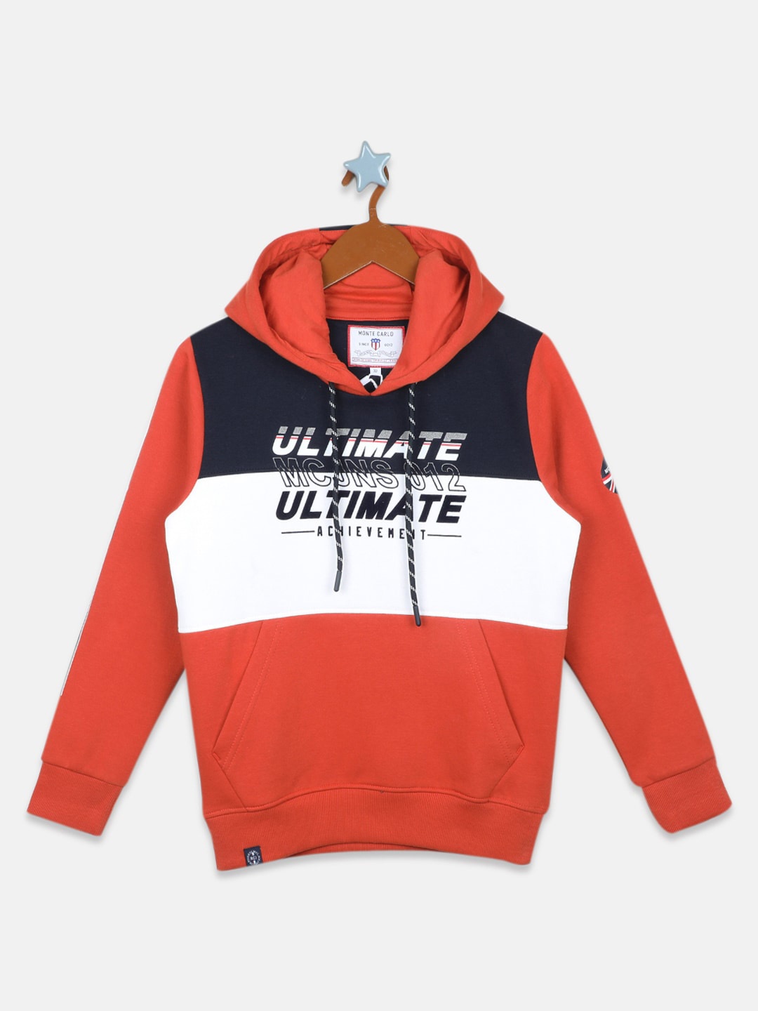 

Monte Carlo Boys Colourblocked Pullover Hooded Sweatshirt, Rust