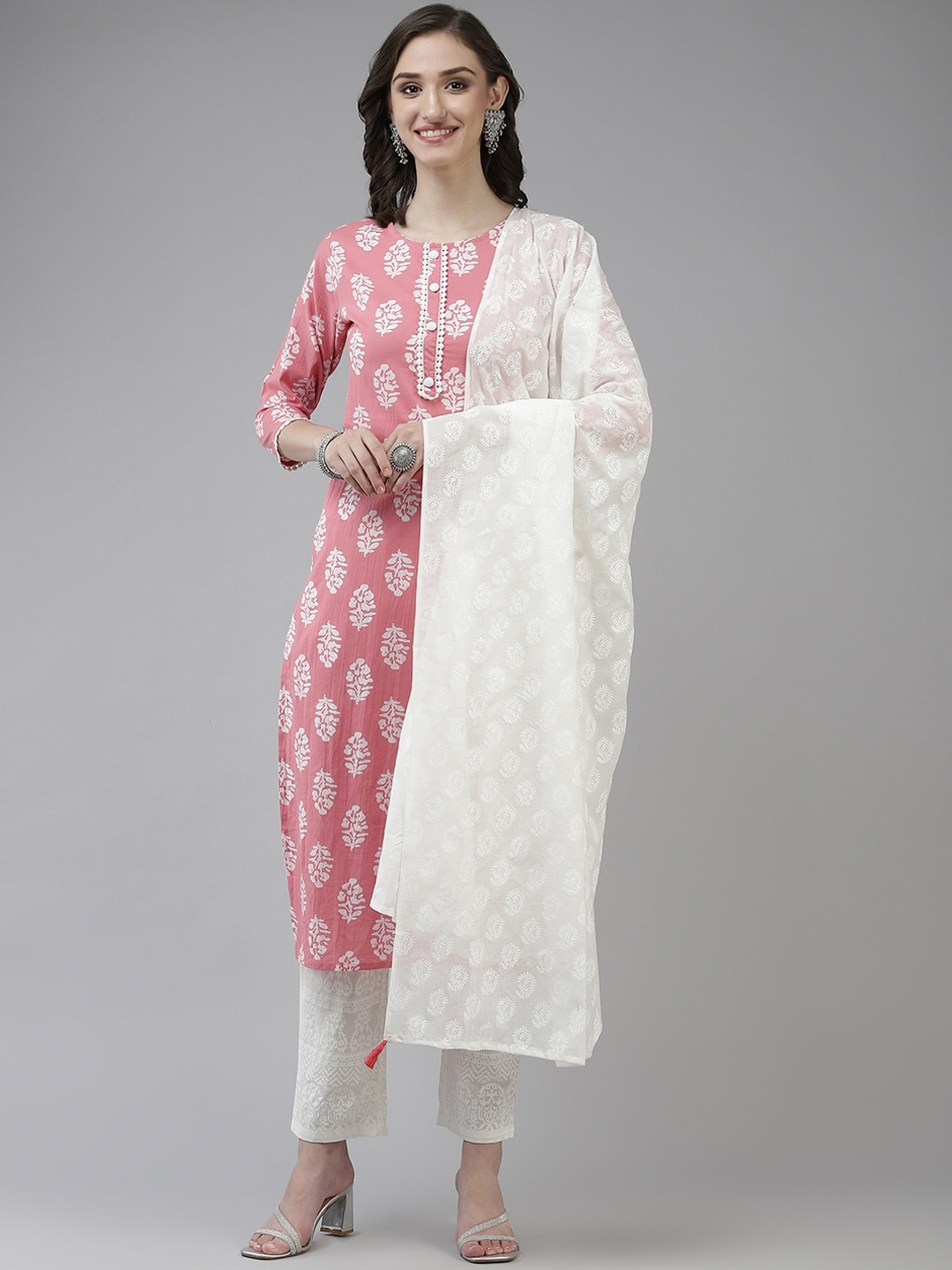 

Yufta Women Floral Printed Pure Cotton Kurta with Trousers & Dupatta, Pink