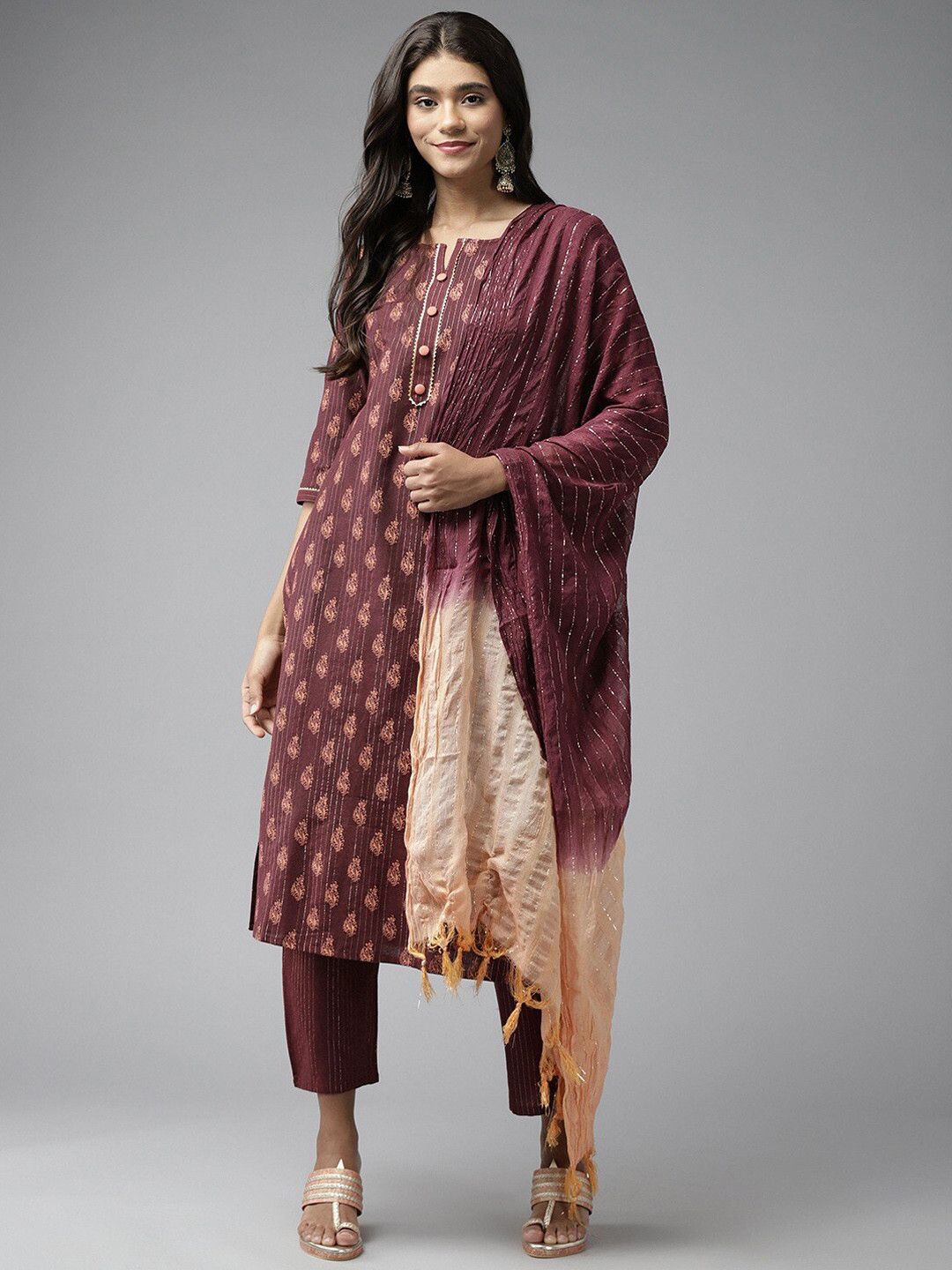 

Yufta Women Ethnic Motifs Printed Notch Neck Pure Cotton Kurta with Trousers & Dupatta, Brown