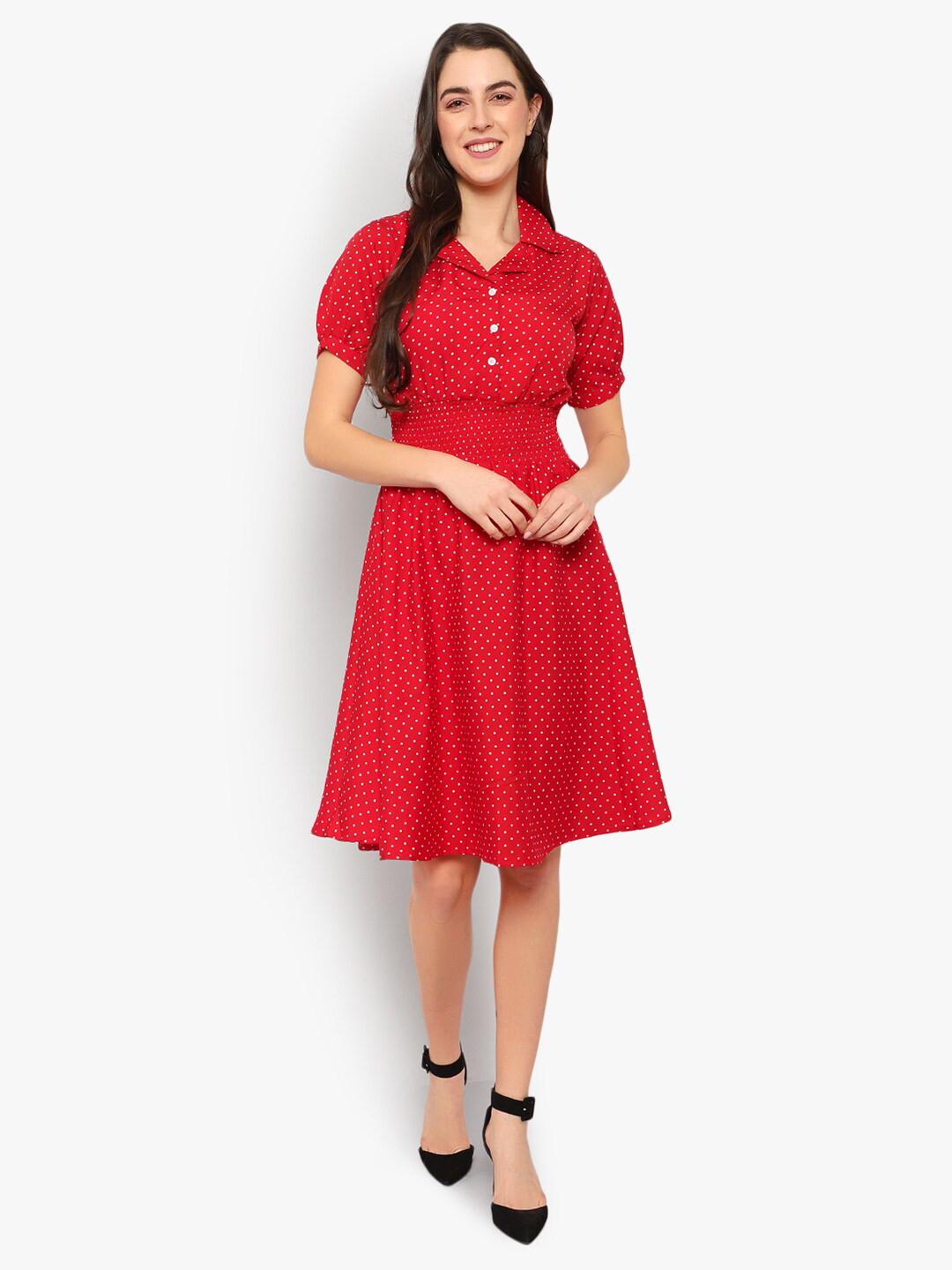 

Indietoga Polka Dot Smocked Crepe Dress, Red