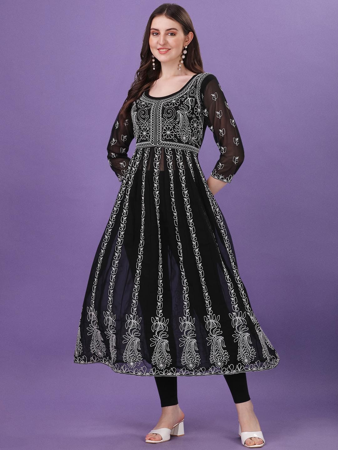 

FabFairy Women Round Neck Chikan Embroidery Georgette Anarkali Kurta, Black