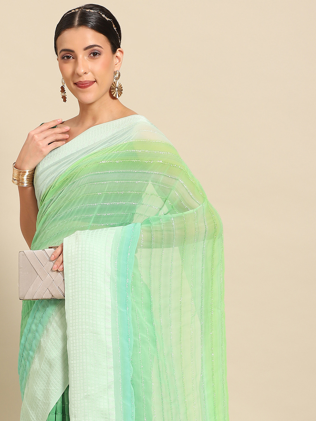 

all about you Striped Ombre Saree, Green