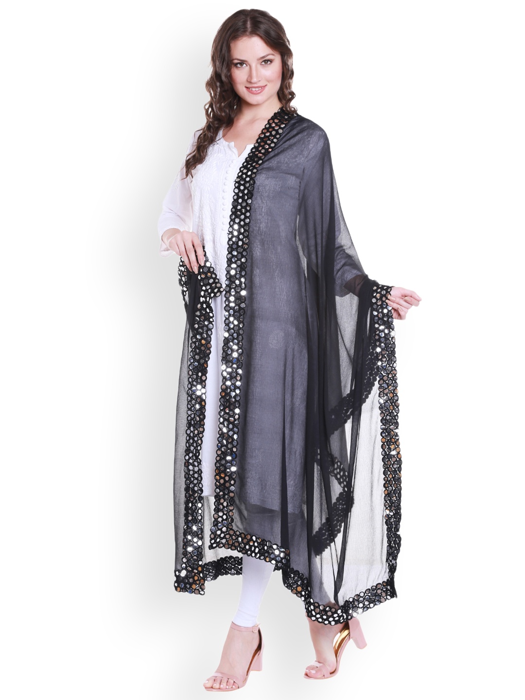 

Dupatta Bazaar Black Mirror-Work Embellished Chiffon Dupatta