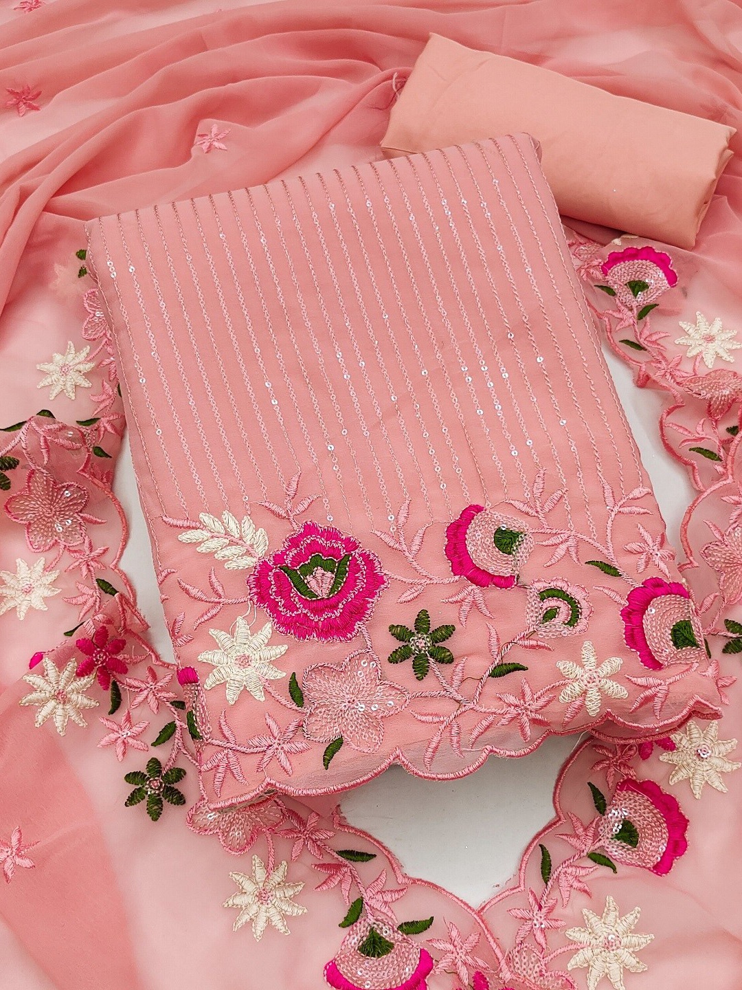 

KALINI Embroidered Unstitched Dress Material, Peach