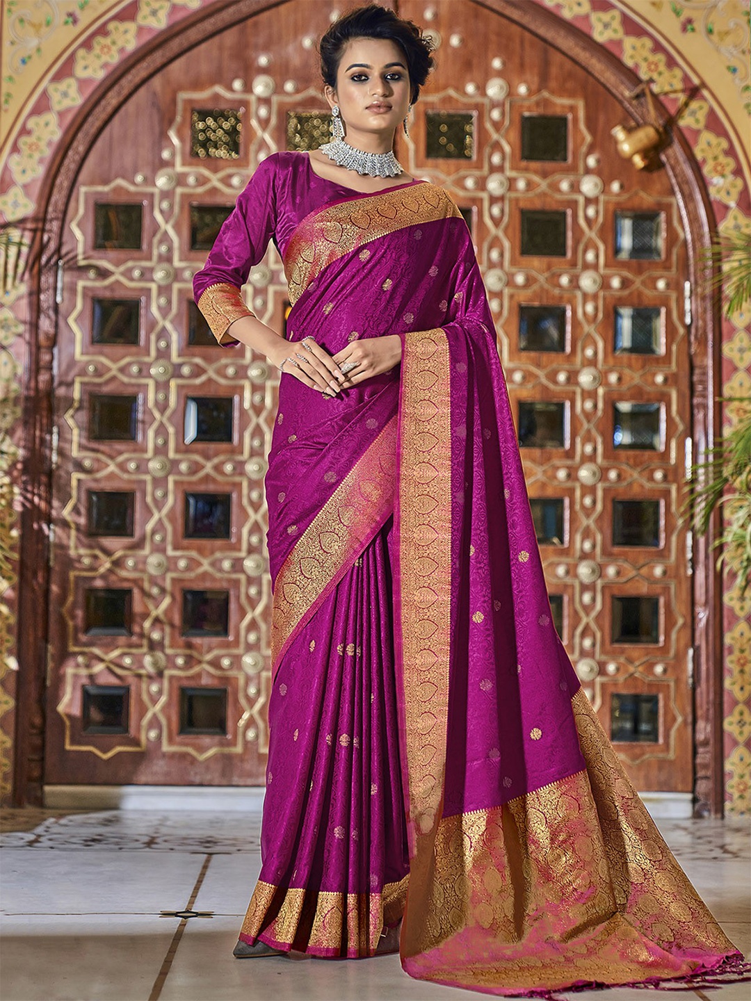 

ODETTE Woven Design Zari Detailed Satin Saree, Violet