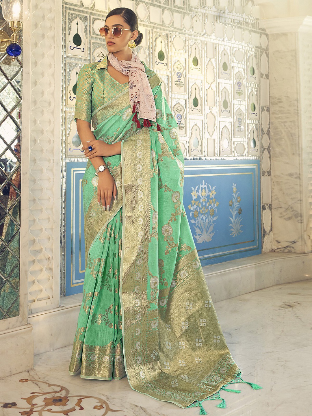 

ODETTE Woven Design Zari Detailed Saree, Sea green