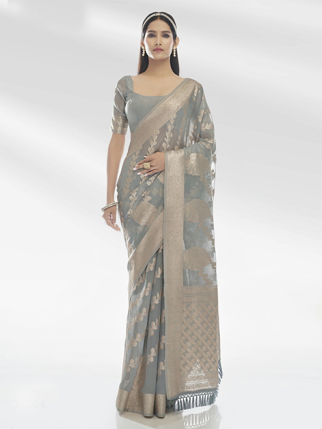 

ODETTE Woven Design Zari Organza Saree, Grey