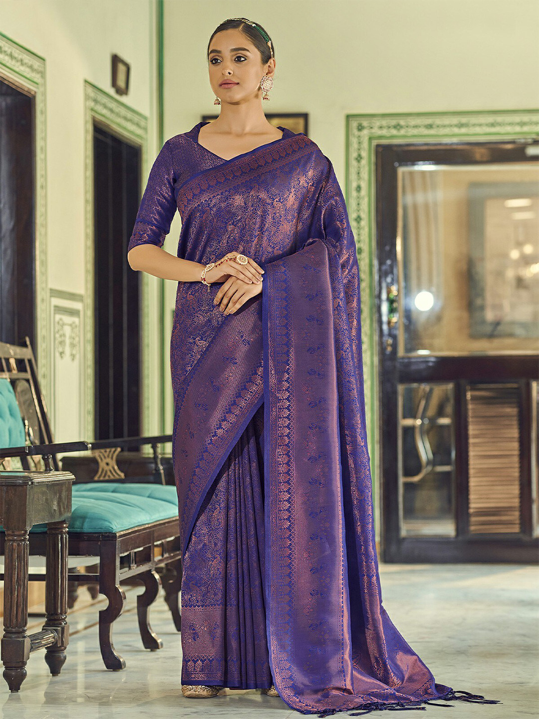 

ODETTE Woven Design Zari Saree, Purple