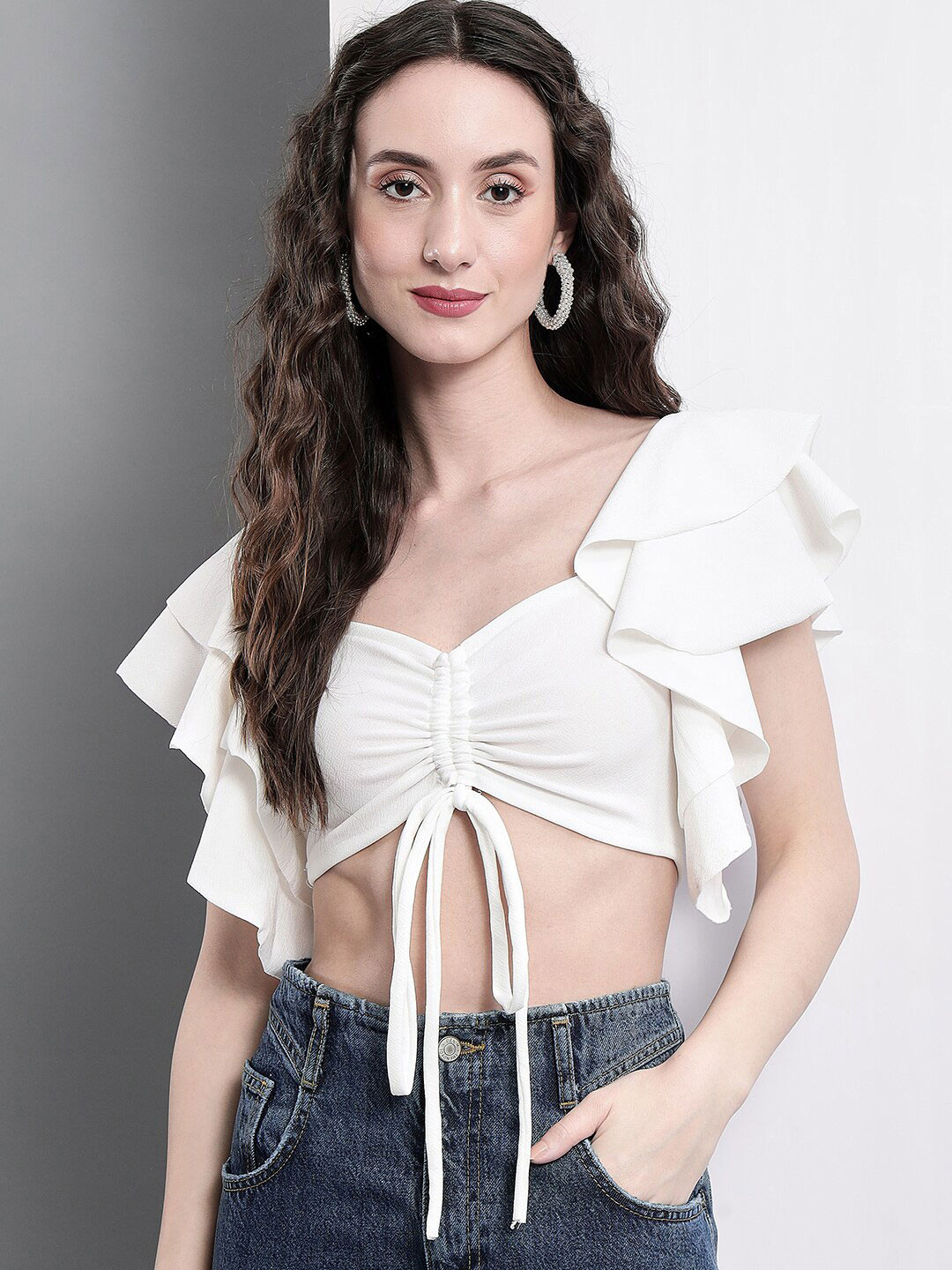 

Darzi Tie-Ups Ruched Crop Top, White
