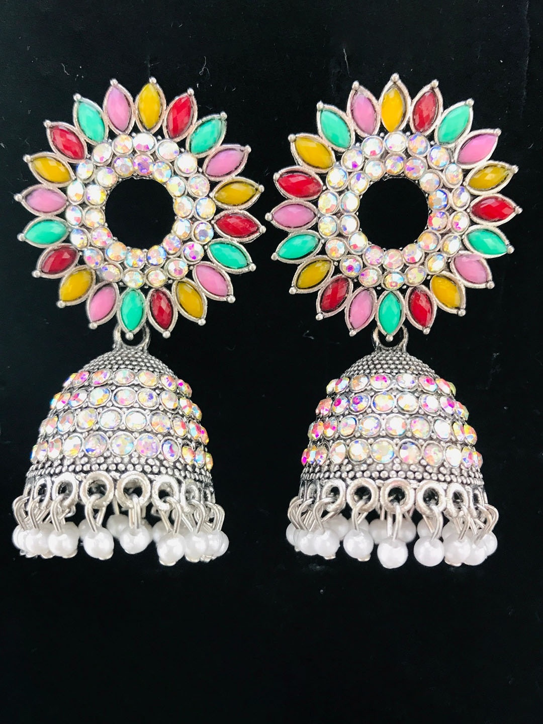 

The Opal Factory Silver Plated Stone Studded Dome Shaped Jhumkas Earrings, Pink