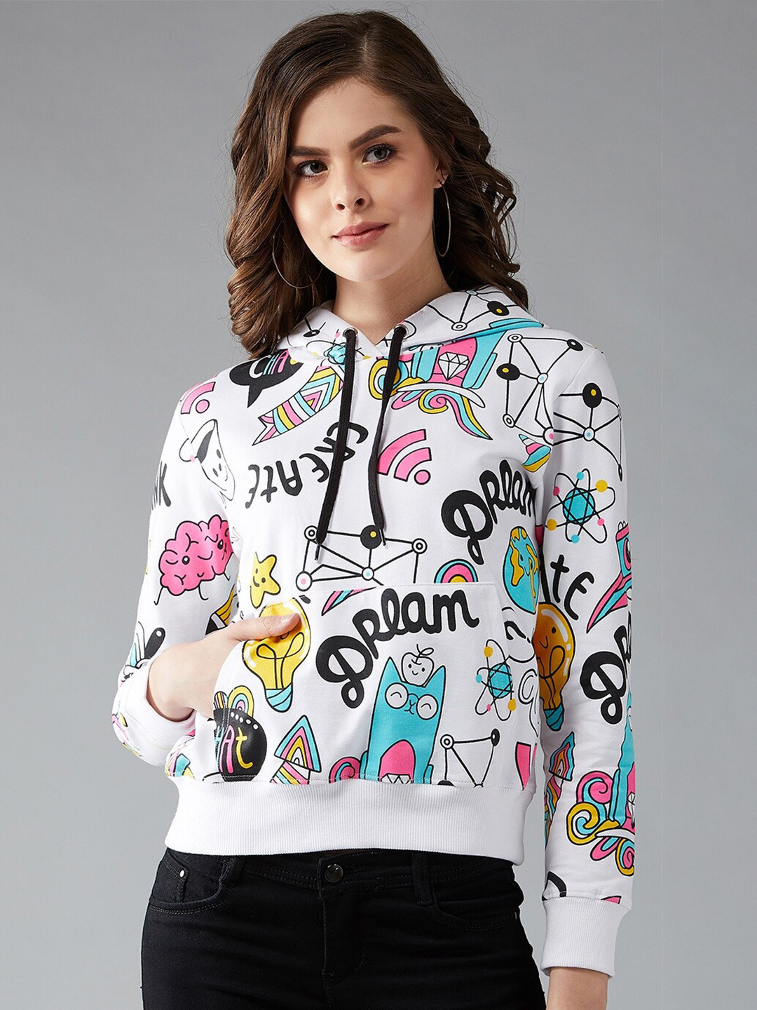 

The Dry State Women Printed Hooded Cotton Sweatshirt, White