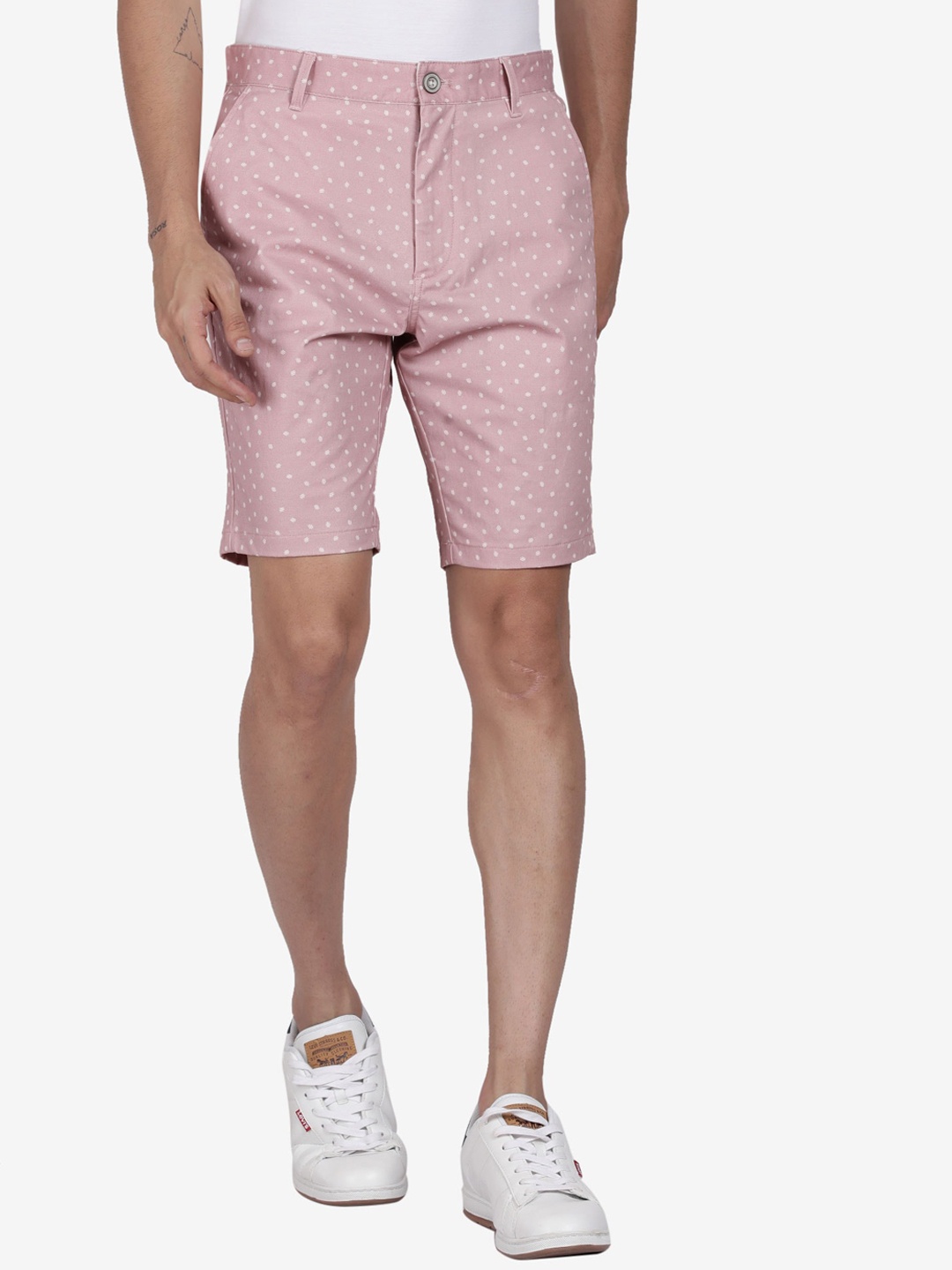 

t-base Men Mid-Rise Printed Cotton Chino Shorts, Pink