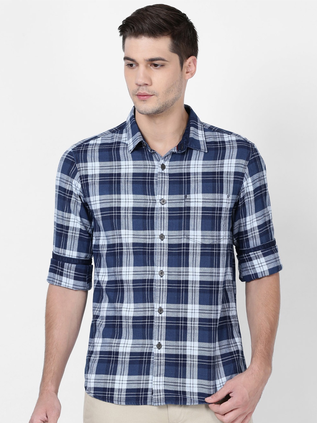 

t-base Men Plus Size Tartan Checks Cotton Casual Shirt, Blue