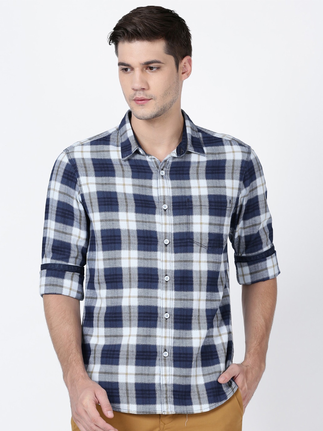 

t-base Men Tartan Checks Cotton Casual Shirt, Blue