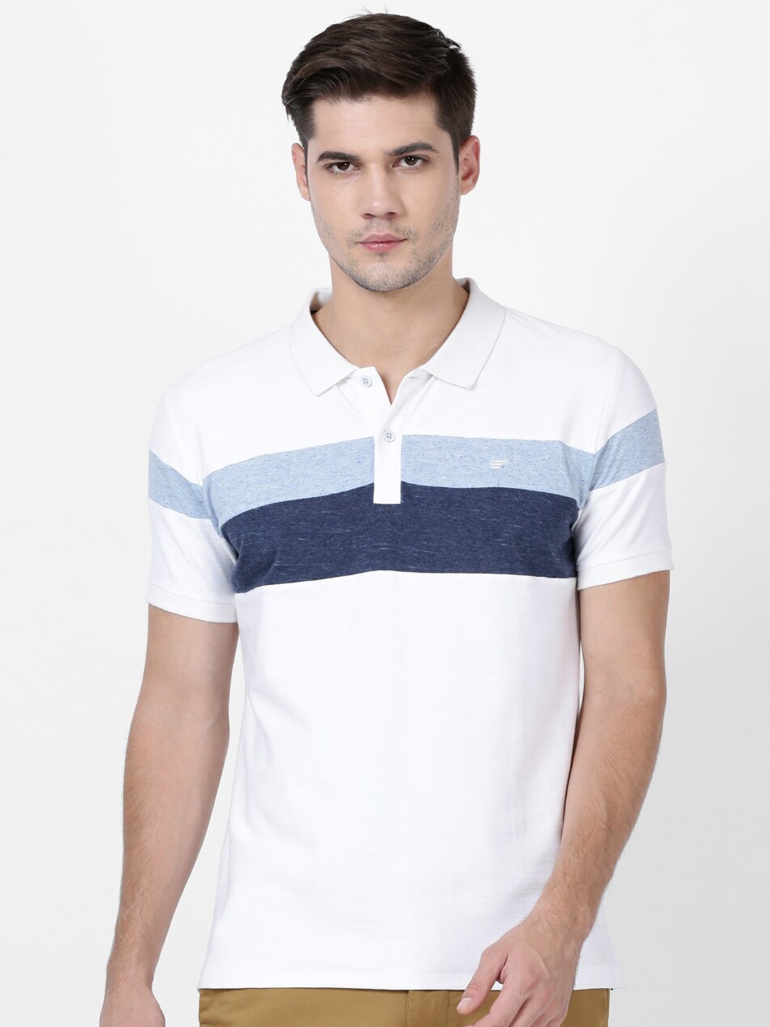 

t-base Men Striped Printed Polo Collar Cotton T-shirt, White