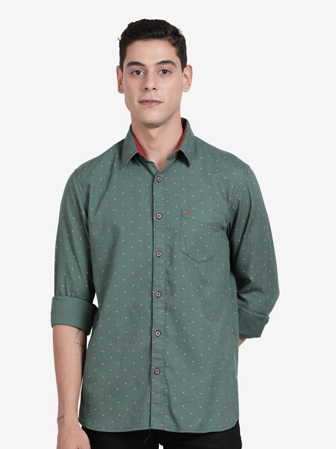 

t-base Men Printed Casual Cotton Shirt, Green