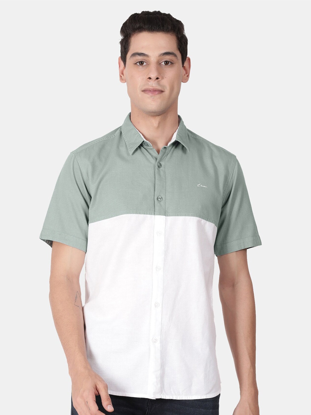 

t-base Colourblocked Casual Cotton Shirt, Green