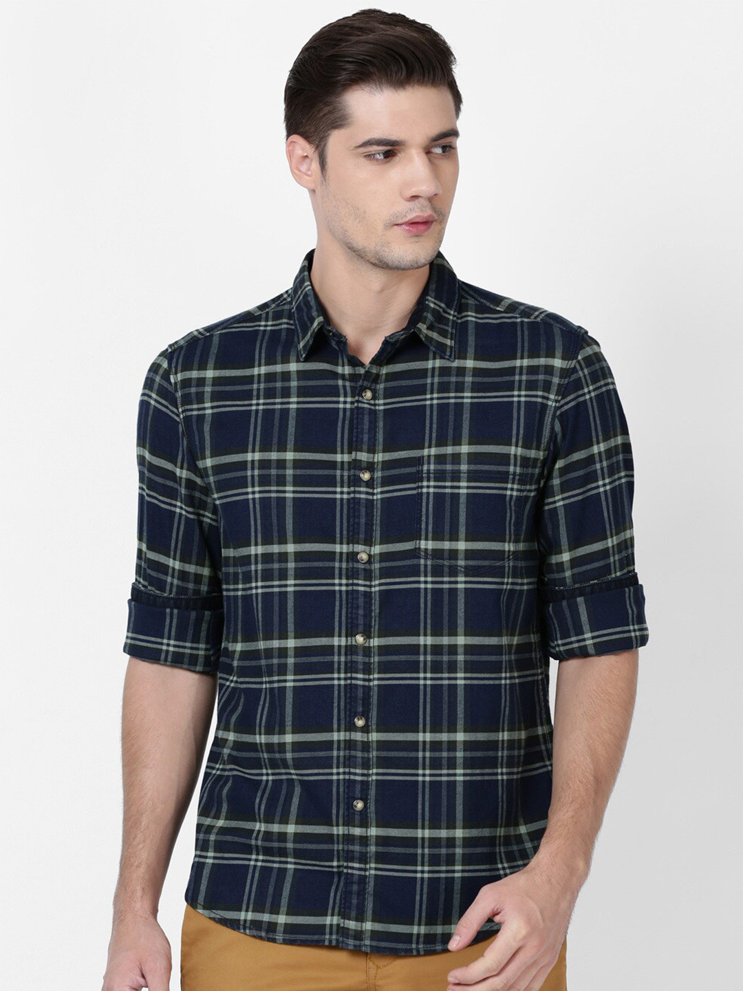 

t-base Men Tartan Checked Casual Cotton Shirt, Navy blue
