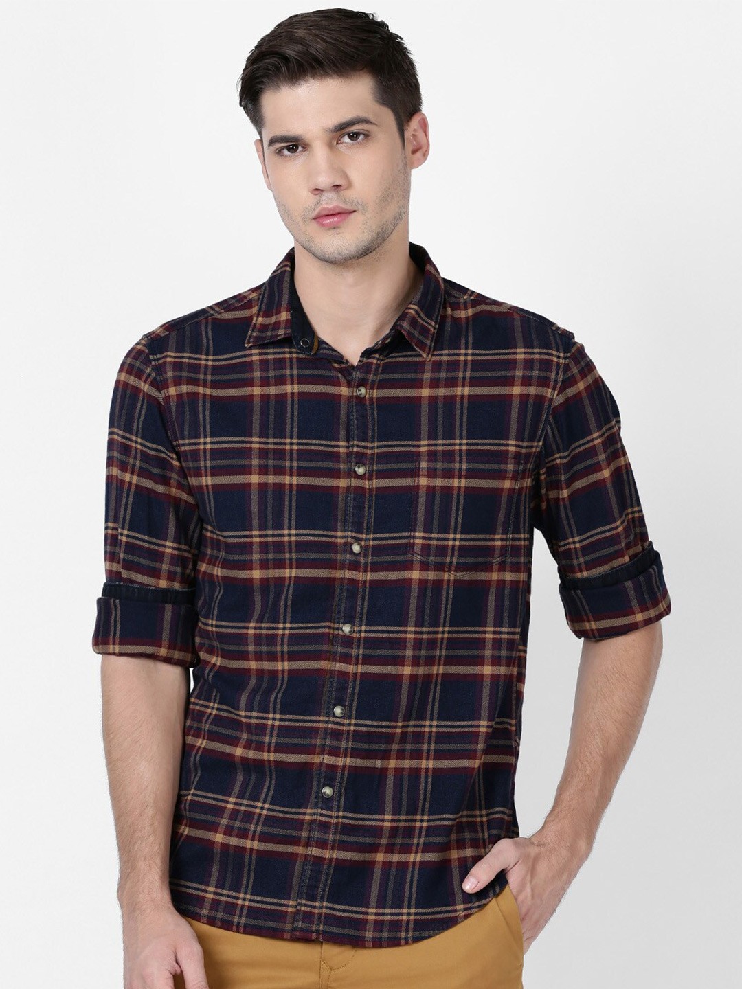 

t-base Men Tartan Checked Casual Cotton Shirt, Navy blue