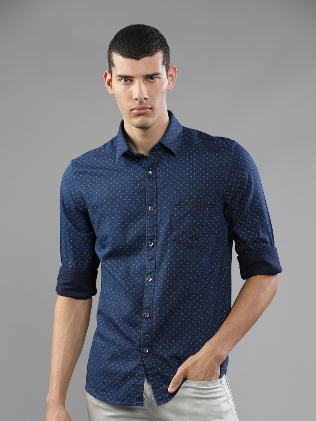 

t-base Men Printed Cotton Indigo Casual Shirt, Blue