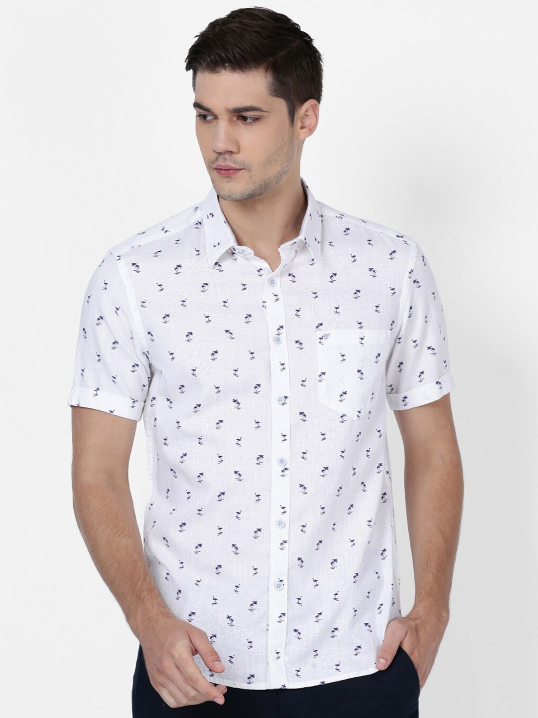 

t-base Men Conversational Printed Cotton Casual Shirt, White