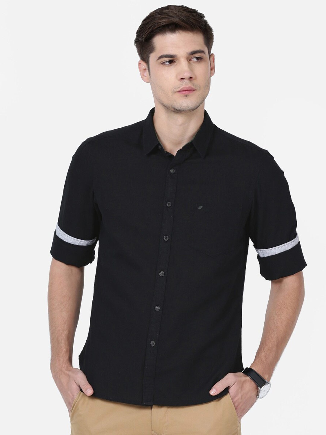 

t-base Men Spread Collar Cotton Casual Shirt, Black
